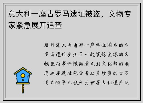 意大利一座古罗马遗址被盗，文物专家紧急展开追查