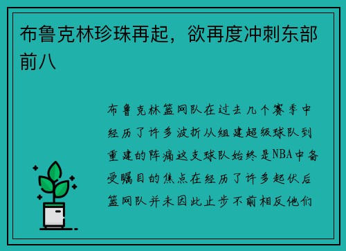 布鲁克林珍珠再起，欲再度冲刺东部前八