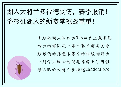湖人大将兰多福德受伤，赛季报销！洛杉矶湖人的新赛季挑战重重！