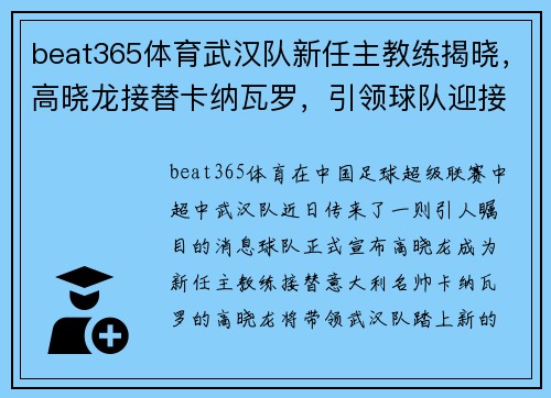 beat365体育武汉队新任主教练揭晓，高晓龙接替卡纳瓦罗，引领球队迎接新征程