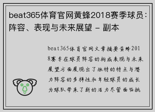 beat365体育官网黄蜂2018赛季球员：阵容、表现与未来展望 - 副本